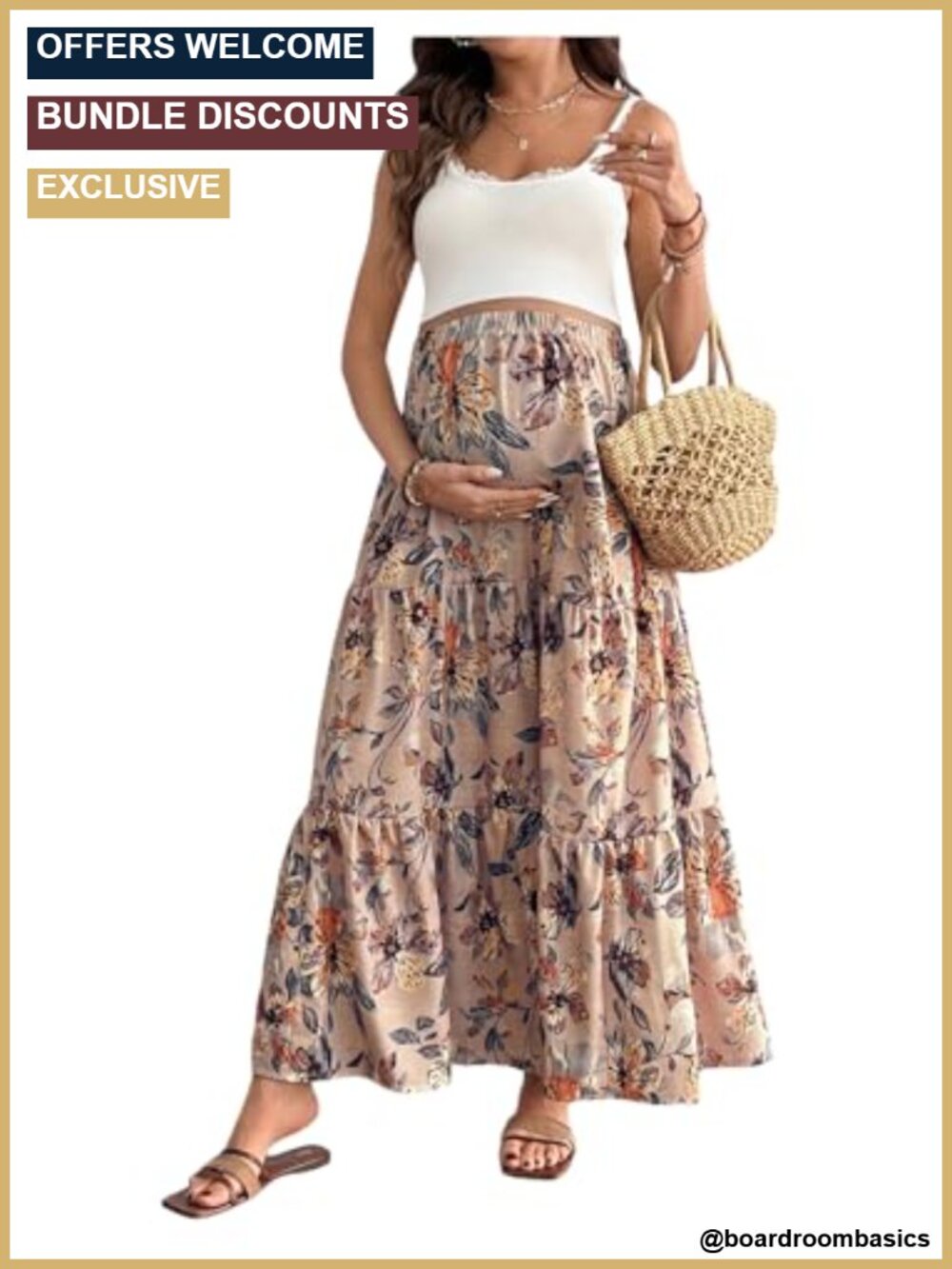Maternity Ruffle Maxi Skirt Floral High Waist Tiered Boho Long